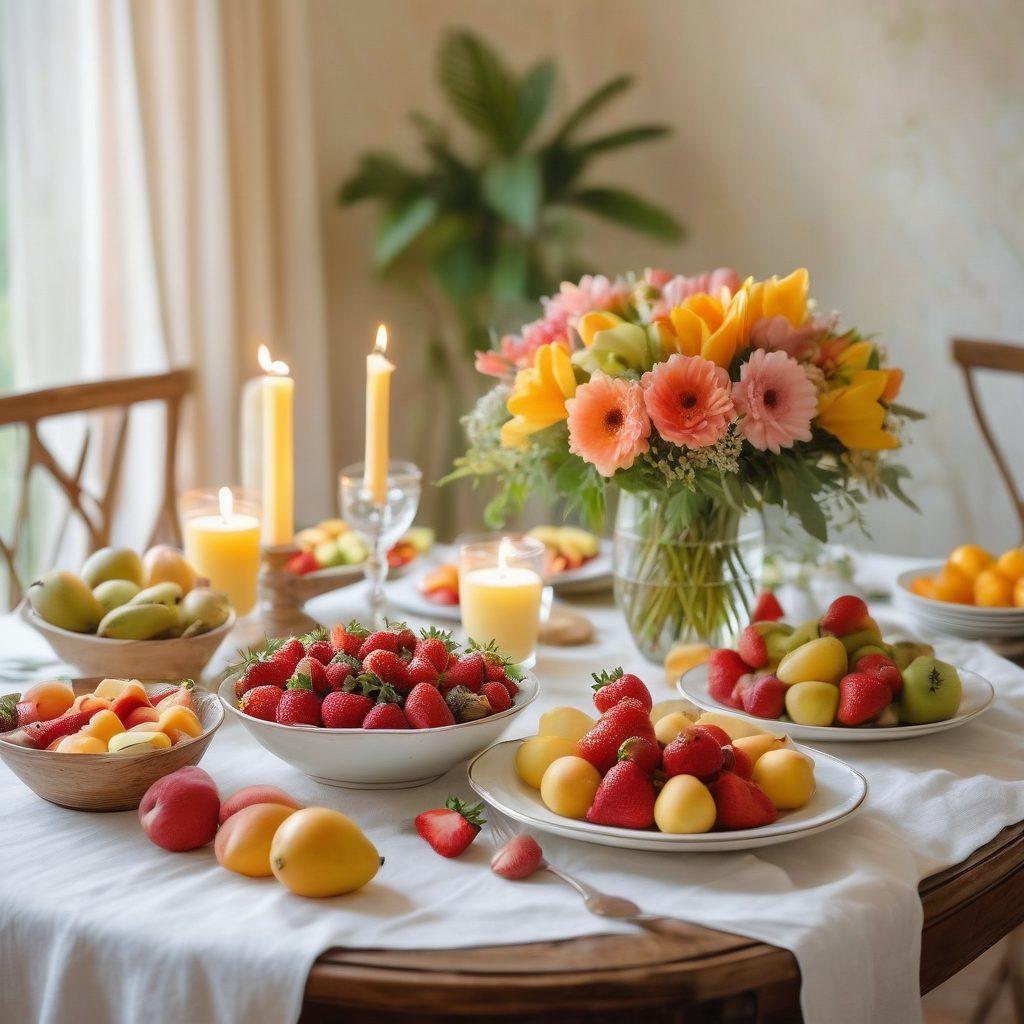 A beautifully arranged table filled with an array of vibrant, fresh fruits such as strawberries, kiwis, and mangoes, alongside elegant, romantic candlelight and delicate floral accents. In the background, a cozy couple joyfully sharing a fruit dish, exuding warmth and intimacy. Soft pastel colors enhance the serene atmosphere, while the overall composition invites feelings of love and well-being. watercolor painting. soft lighting. warm tones.