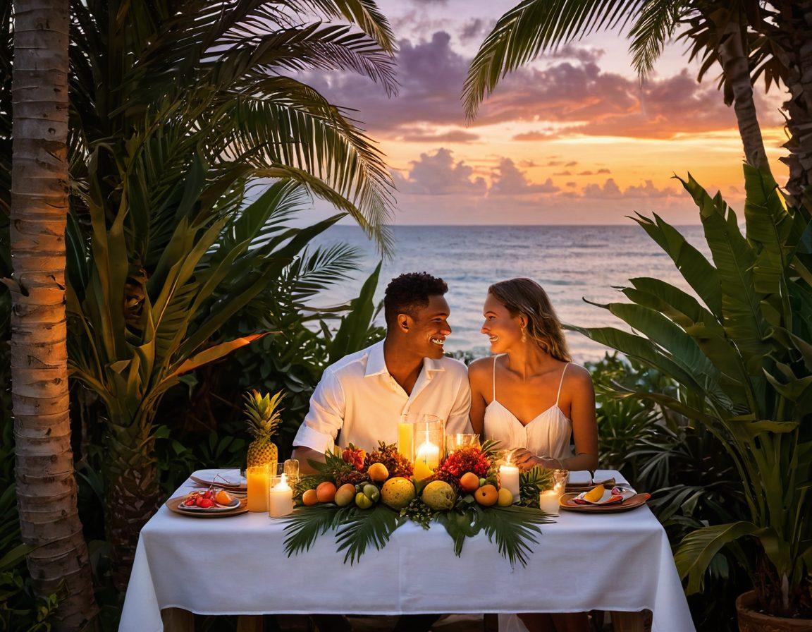 A romantic setting featuring a beautifully arranged table for two, adorned with tropical fruits like pineapples, mangoes, and coconuts. Soft candlelight illuminates the scene, accompanied by lush green palm leaves and vibrant flowers in the background. The setting is enhanced with a gentle sunset view, casting warm colors across the sky. Include a couple sharing a joyful moment while enjoying their nutritious tropical treats. super-realistic. vibrant colors. soft lighting.