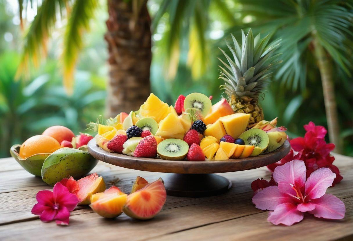 A vibrant, mouthwatering assortment of tropical fruits arranged artfully on a wooden table, with hints of pink and red flowers for romance. Include a couple enjoying a sweet fruit dessert under a palm tree, basking in soft sunlight, symbolizing wellness and togetherness. Lush greenery in the background enhances the tropical feel. super-realistic. vibrant colors. soft focus.